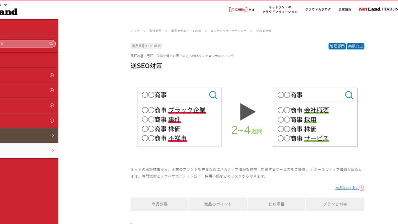 株式会社ネットランドの逆SEO対策の特徴・費用相場